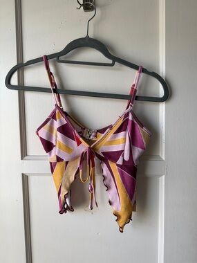 Tiger Mist Butterfly Geometric Print Tie-Front Crop Top - Pink & Yellow